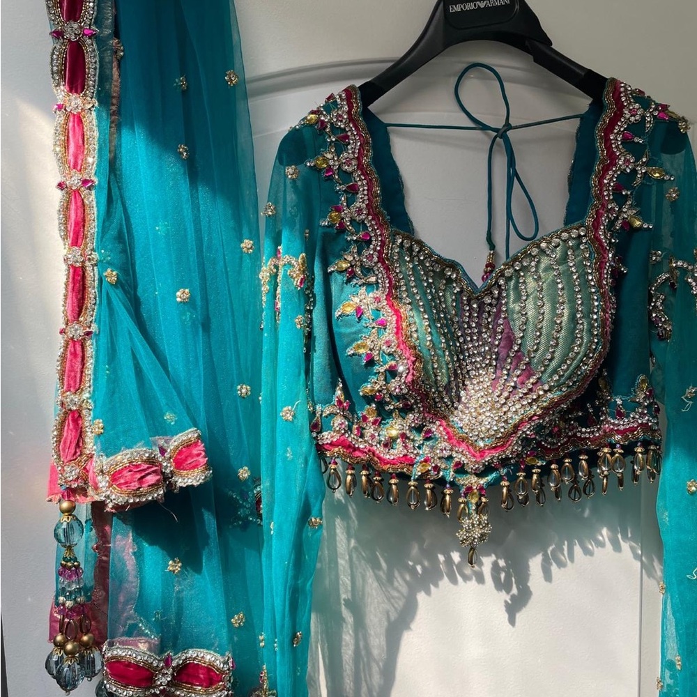 Embellished Teal and Pink Top Lengha - Picture 3 of 13